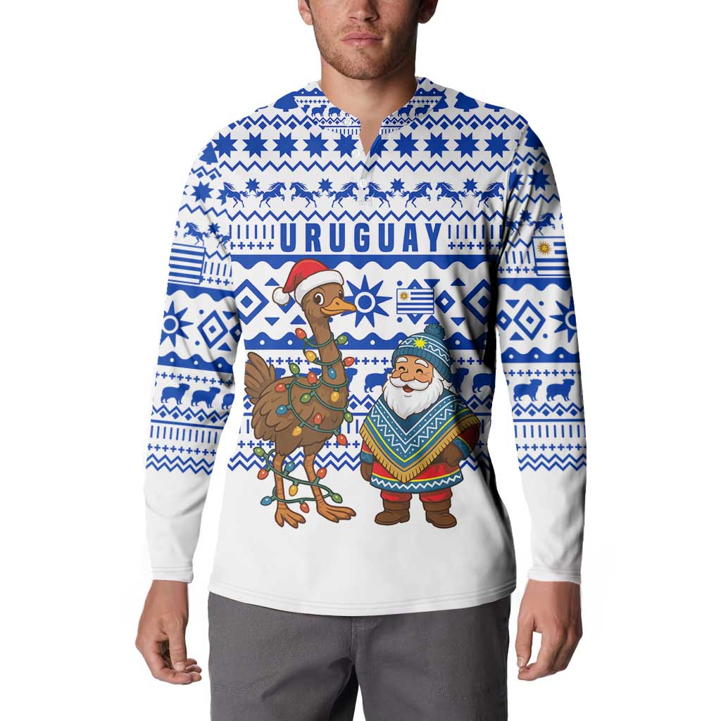 Uruguay Christmas Button Sweatshirt with Santa Claus Rhea Bird Holiday Lights and Blue Geometric Pattern - Wonder Print Shop