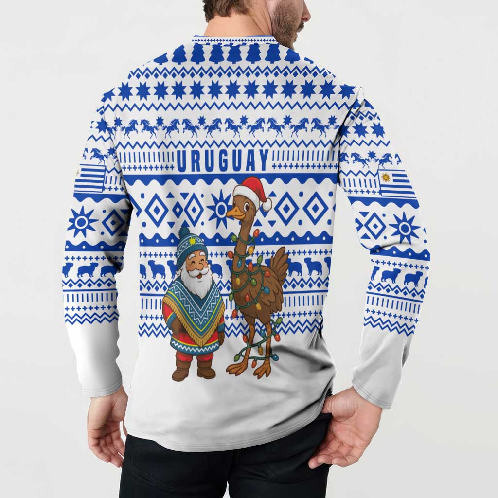 Uruguay Christmas Button Sweatshirt with Santa Claus Rhea Bird Holiday Lights and Blue Geometric Pattern - Wonder Print Shop