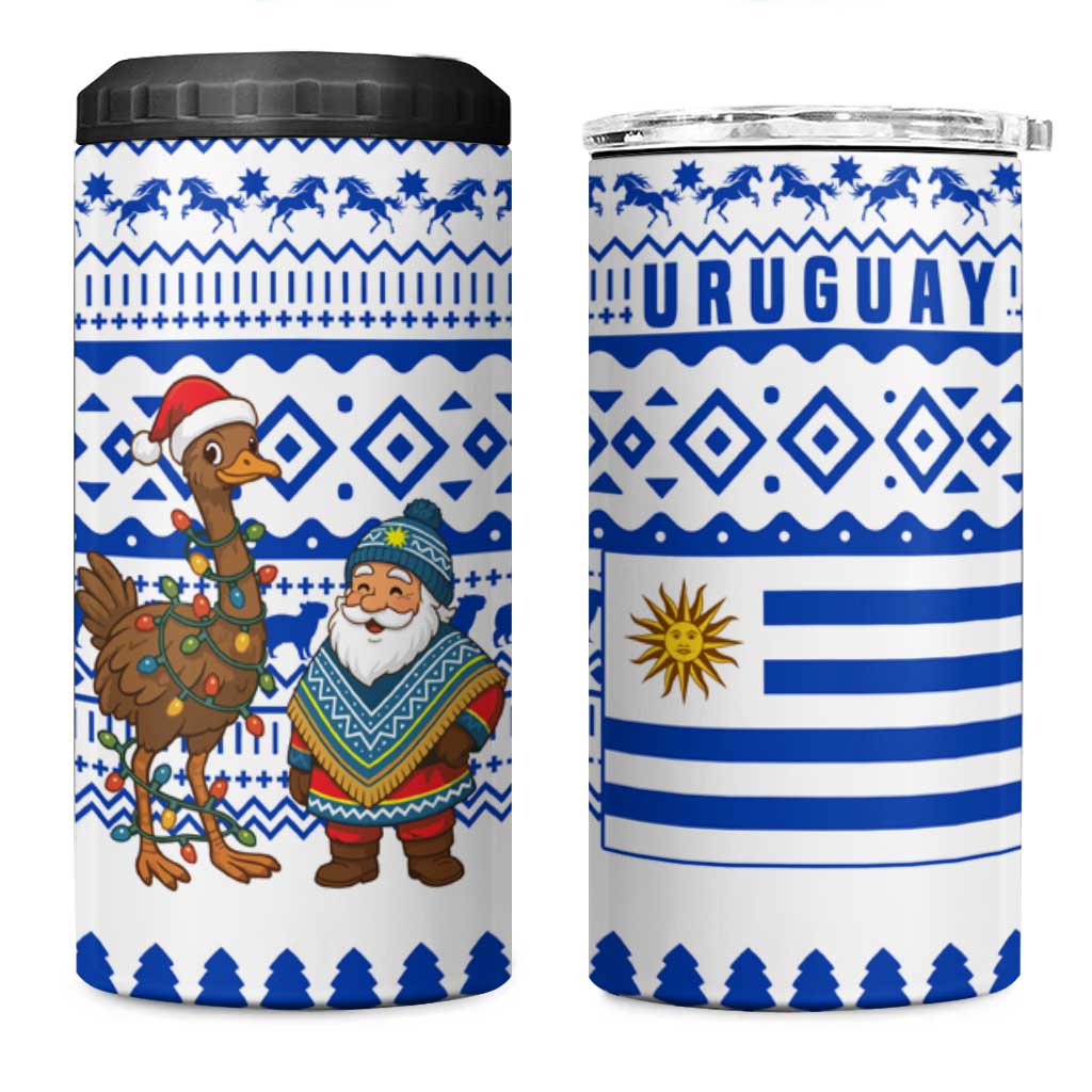 Uruguay Christmas 4 in 1 Can Cooler Tumbler with Santa Claus Rhea Bird Holiday Lights and Blue Geometric Pattern - Wonder Print Shop