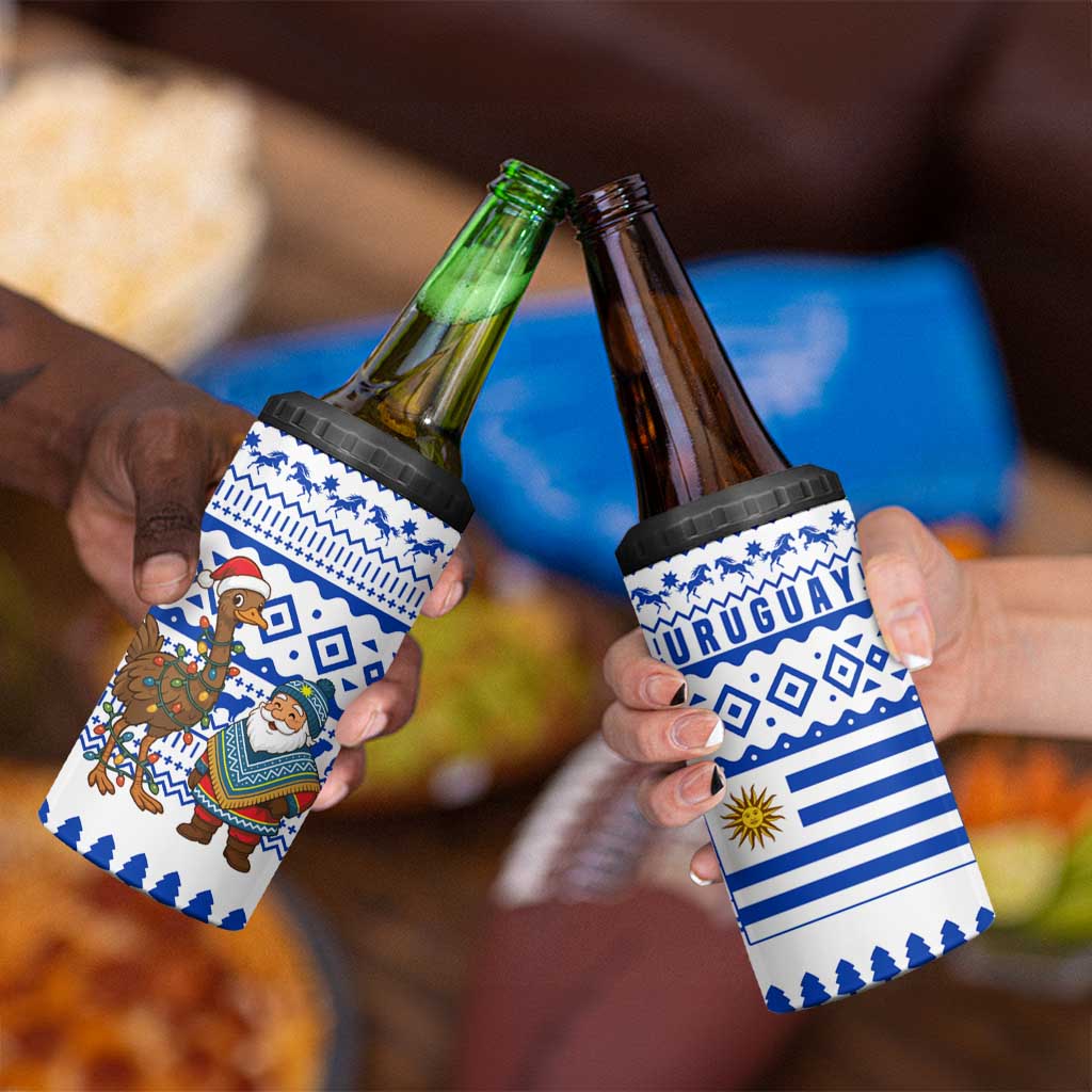Uruguay Christmas 4 in 1 Can Cooler Tumbler with Santa Claus Rhea Bird Holiday Lights and Blue Geometric Pattern - Wonder Print Shop