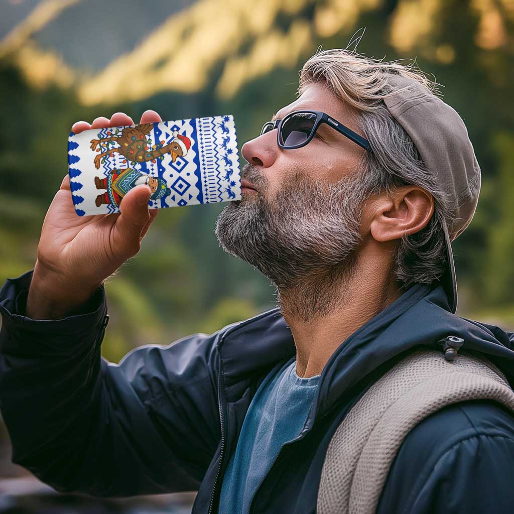 Uruguay Christmas 4 in 1 Can Cooler Tumbler with Santa Claus Rhea Bird Holiday Lights and Blue Geometric Pattern - Wonder Print Shop