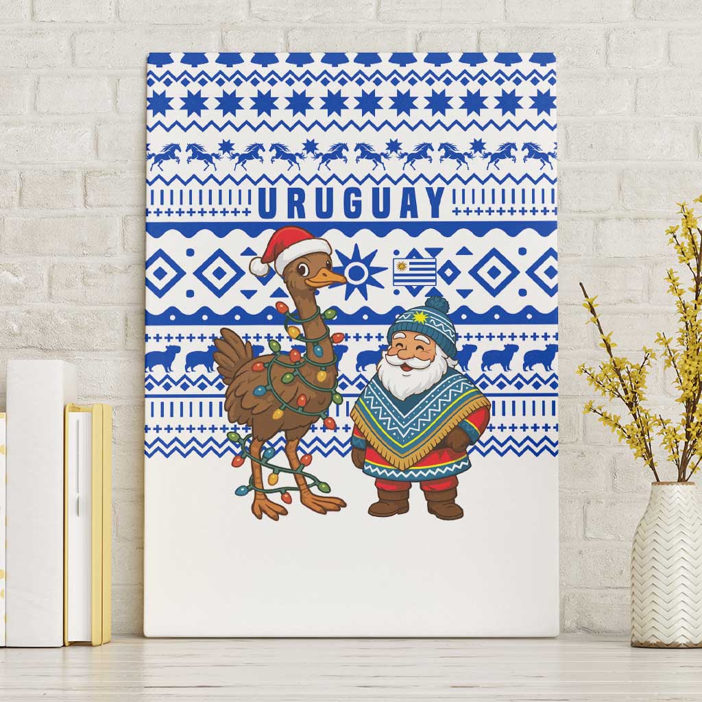 Uruguay Christmas Canvas Wall Art with Santa Claus Rhea Bird Holiday Lights and Blue Geometric Pattern - Wonder Print Shop