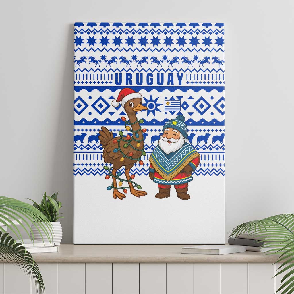 Uruguay Christmas Canvas Wall Art with Santa Claus Rhea Bird Holiday Lights and Blue Geometric Pattern - Wonder Print Shop