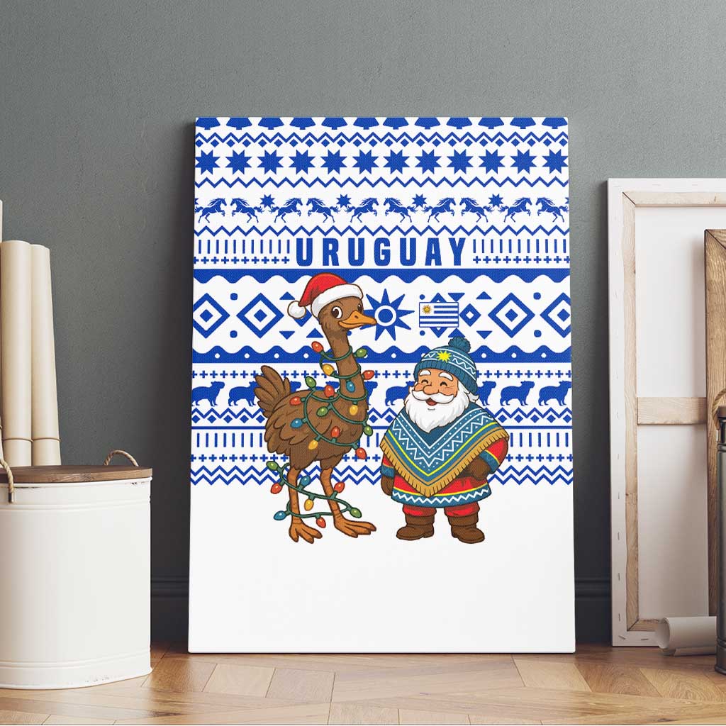 Uruguay Christmas Canvas Wall Art with Santa Claus Rhea Bird Holiday Lights and Blue Geometric Pattern - Wonder Print Shop