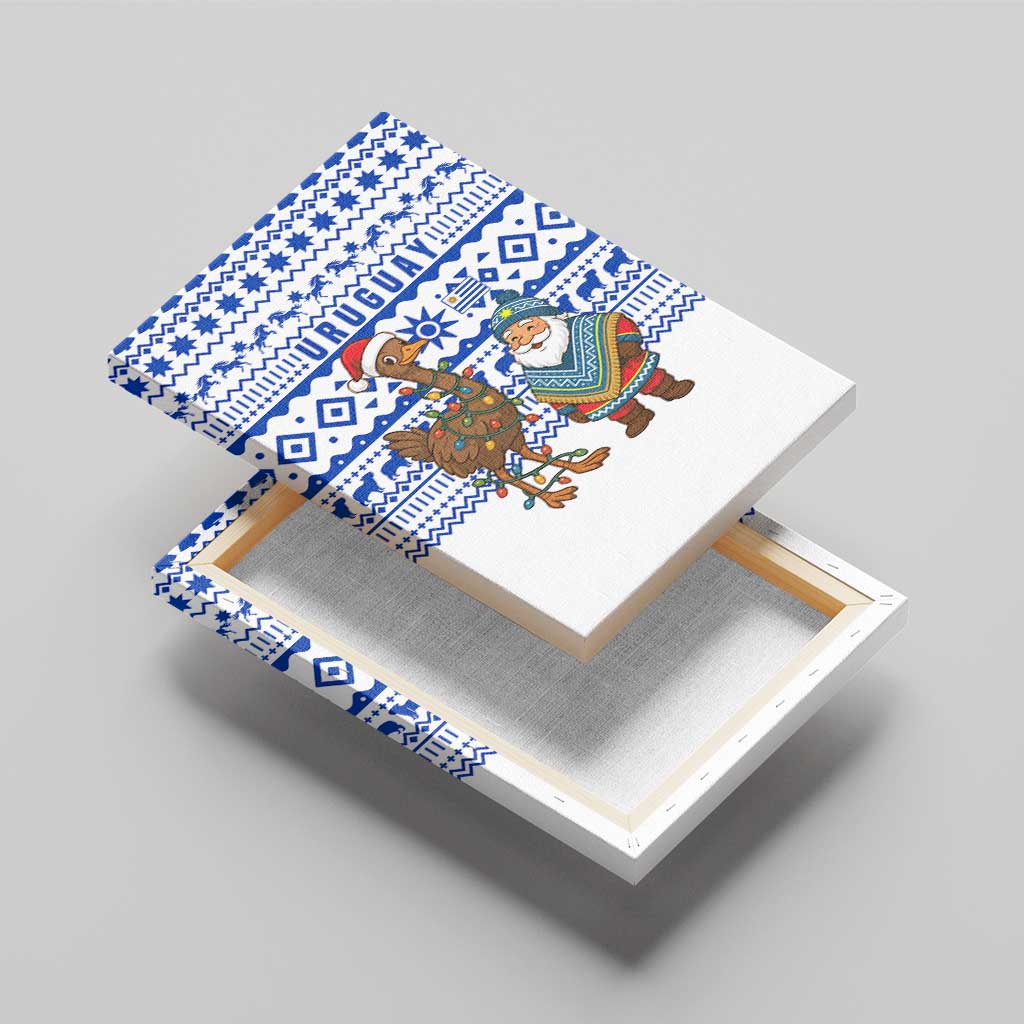 Uruguay Christmas Canvas Wall Art with Santa Claus Rhea Bird Holiday Lights and Blue Geometric Pattern - Wonder Print Shop