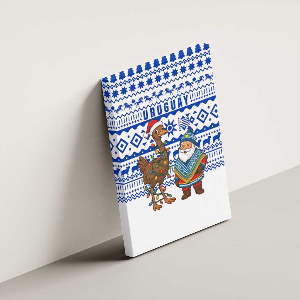 Uruguay Christmas Canvas Wall Art with Santa Claus Rhea Bird Holiday Lights and Blue Geometric Pattern - Wonder Print Shop