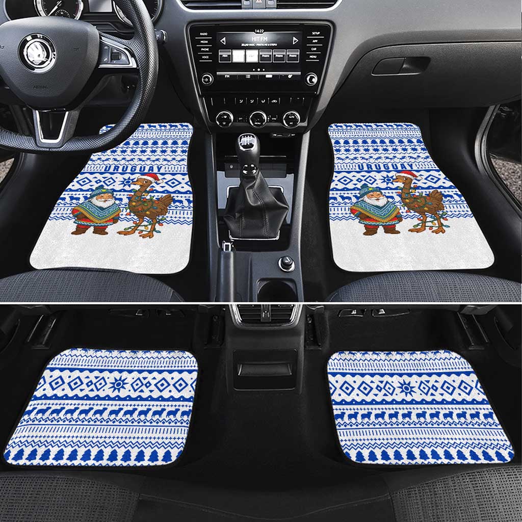 Uruguay Christmas Car Mats with Santa Claus Rhea Bird Holiday Lights and Blue Geometric Pattern - Wonder Print Shop