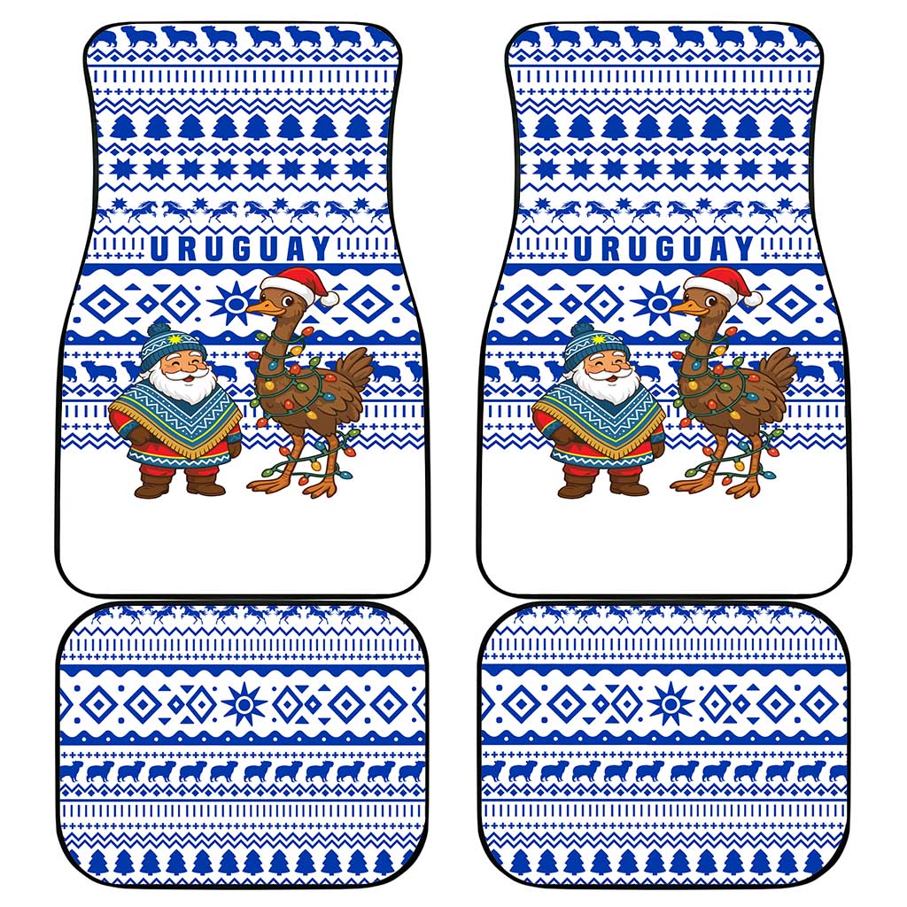 Uruguay Christmas Car Mats with Santa Claus Rhea Bird Holiday Lights and Blue Geometric Pattern - Wonder Print Shop