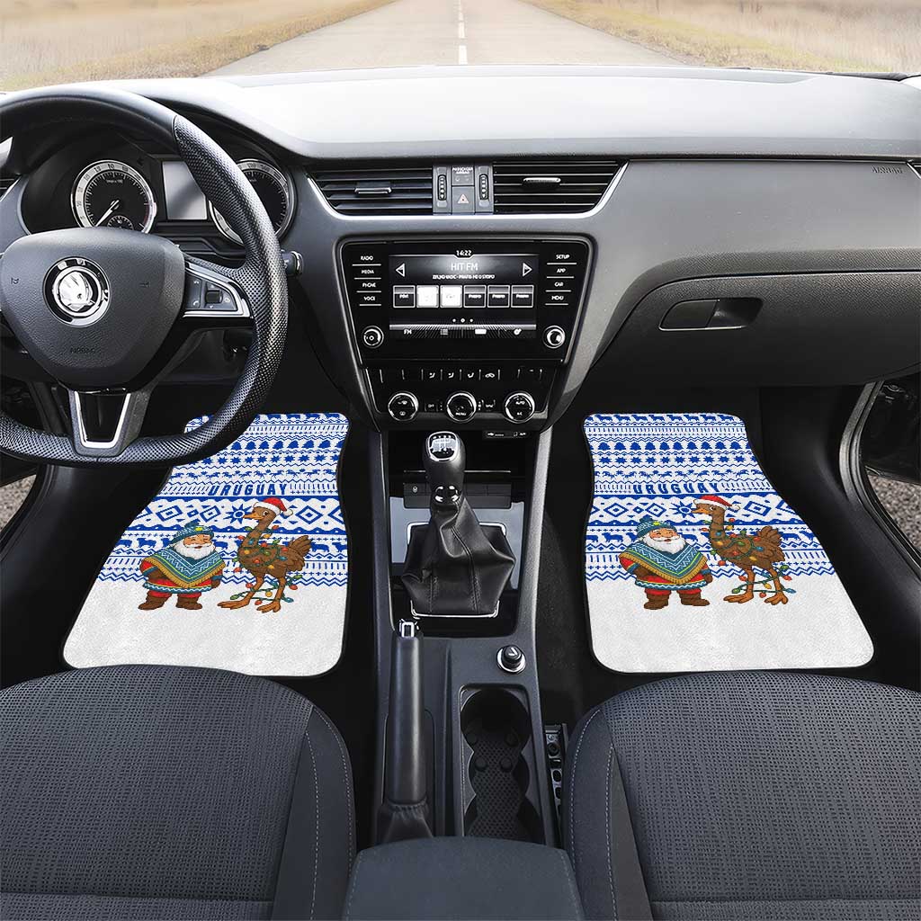 Uruguay Christmas Car Mats with Santa Claus Rhea Bird Holiday Lights and Blue Geometric Pattern - Wonder Print Shop