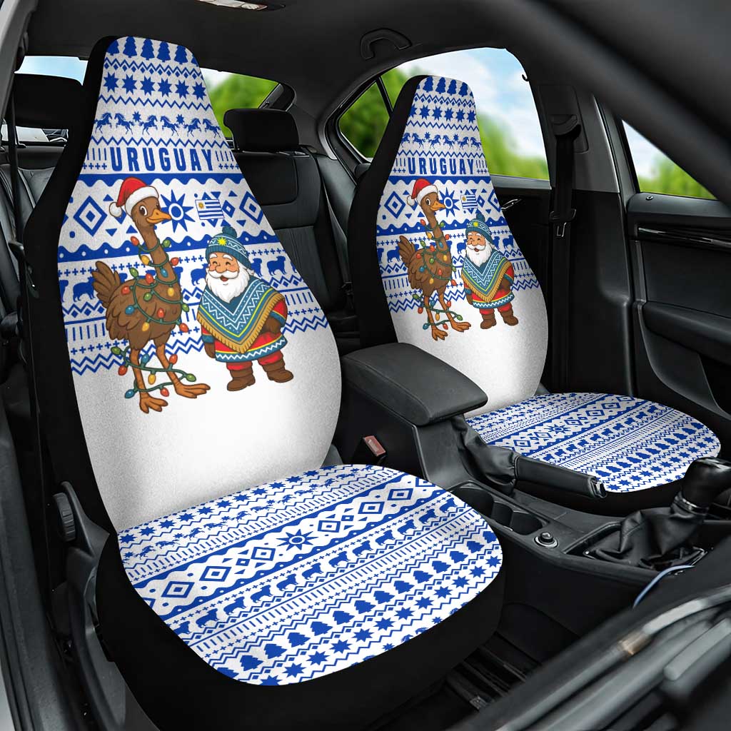Uruguay Christmas Car Seat Cover with Santa Claus Rhea Bird Holiday Lights and Blue Geometric Pattern - Wonder Print Shop