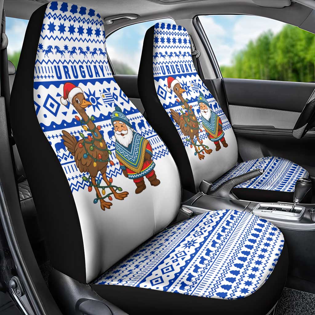 Uruguay Christmas Car Seat Cover with Santa Claus Rhea Bird Holiday Lights and Blue Geometric Pattern - Wonder Print Shop