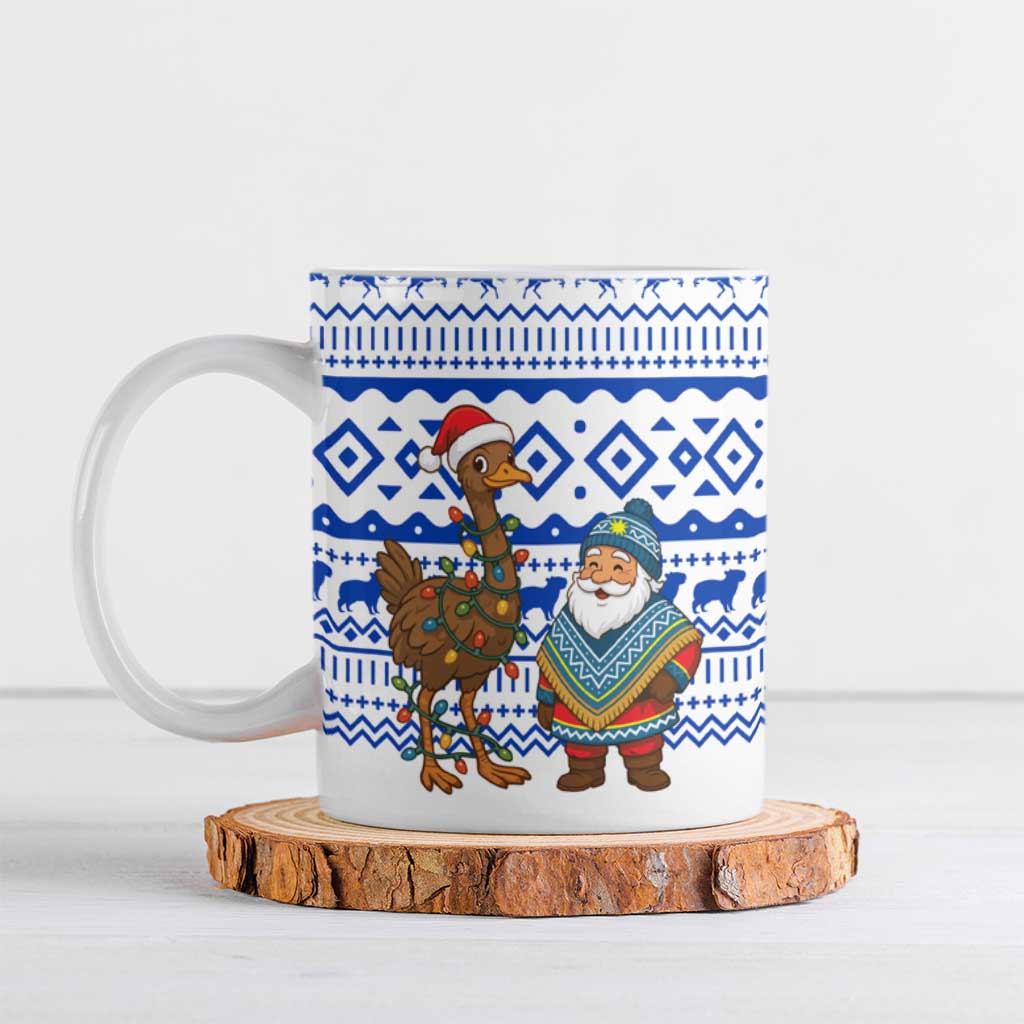 Uruguay Christmas Ceramic Mug with Santa Claus Rhea Bird Holiday Lights and Blue Geometric Pattern - Wonder Print Shop