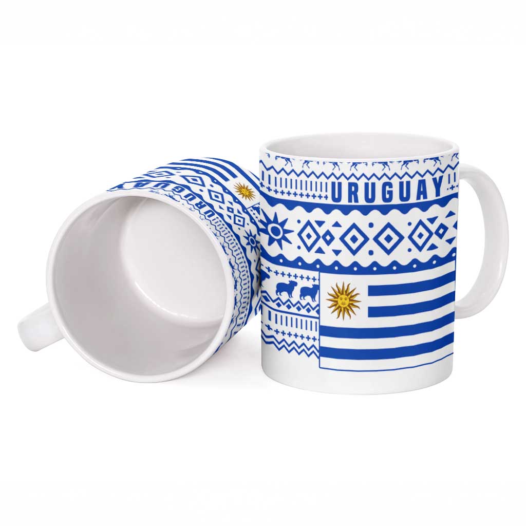 Uruguay Christmas Ceramic Mug with Santa Claus Rhea Bird Holiday Lights and Blue Geometric Pattern - Wonder Print Shop