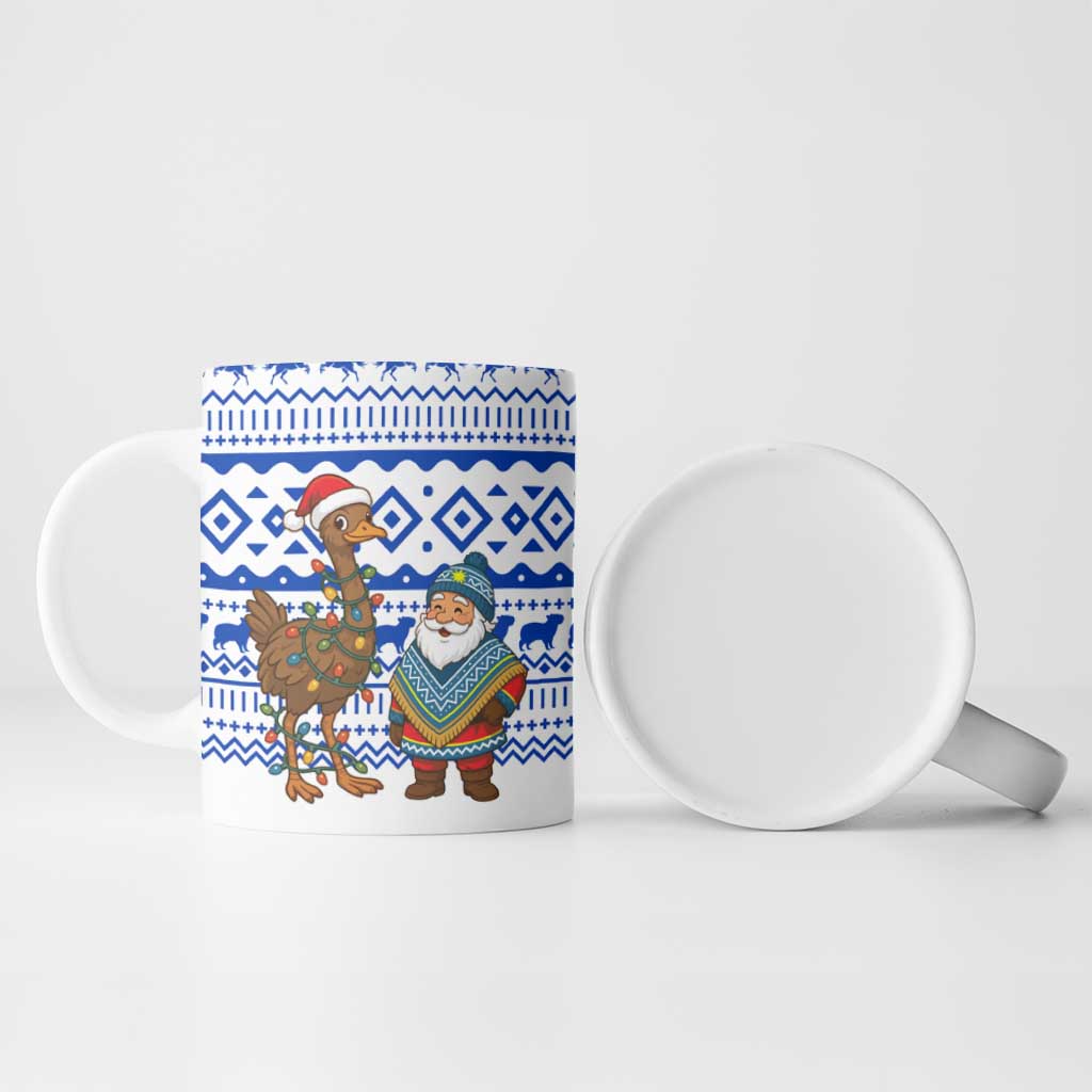 Uruguay Christmas Ceramic Mug with Santa Claus Rhea Bird Holiday Lights and Blue Geometric Pattern - Wonder Print Shop