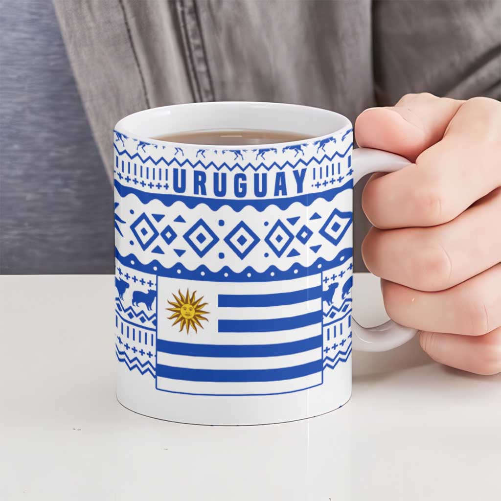 Uruguay Christmas Ceramic Mug with Santa Claus Rhea Bird Holiday Lights and Blue Geometric Pattern - Wonder Print Shop