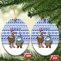 Uruguay Christmas Ceramic Ornament with Santa Claus Rhea Bird Holiday Lights and Blue Geometric Pattern - Wonder Print Shop