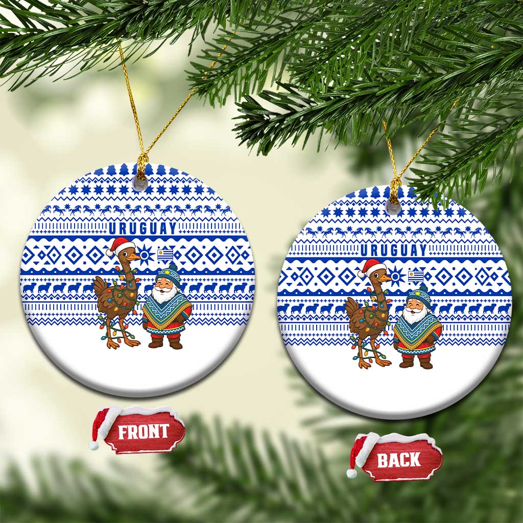 Uruguay Christmas Ceramic Ornament with Santa Claus Rhea Bird Holiday Lights and Blue Geometric Pattern - Wonder Print Shop