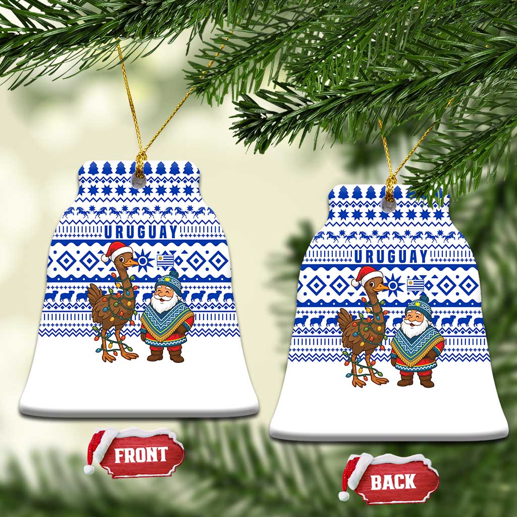 Uruguay Christmas Ceramic Ornament with Santa Claus Rhea Bird Holiday Lights and Blue Geometric Pattern - Wonder Print Shop