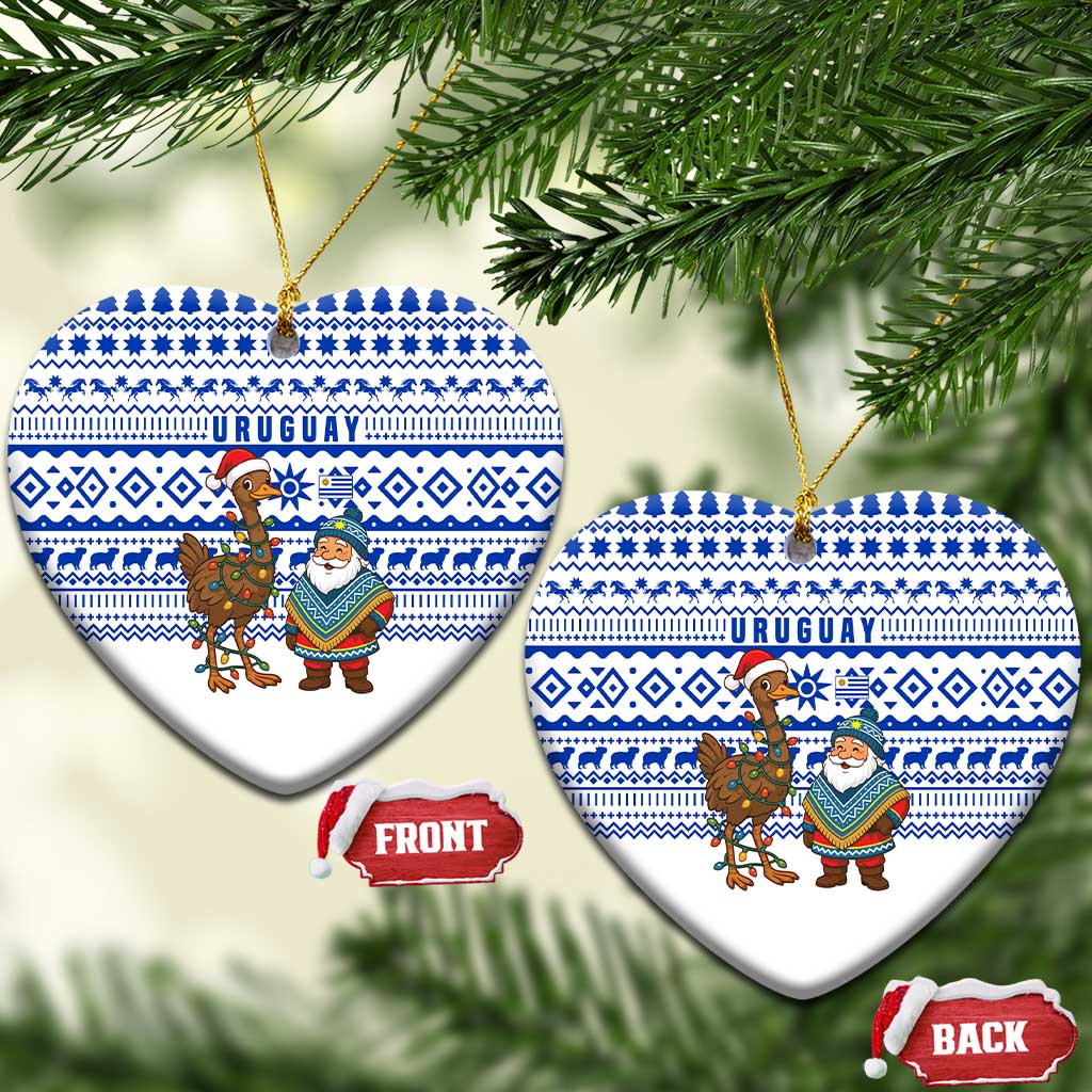 Uruguay Christmas Ceramic Ornament with Santa Claus Rhea Bird Holiday Lights and Blue Geometric Pattern - Wonder Print Shop