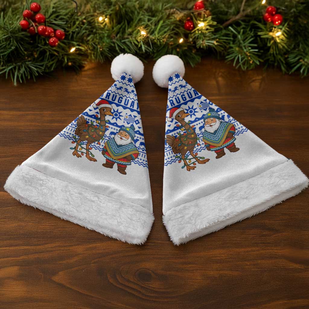 Uruguay Christmas Santa Hat with Santa Claus Rhea Bird Holiday Lights and Blue Geometric Pattern - Wonder Print Shop