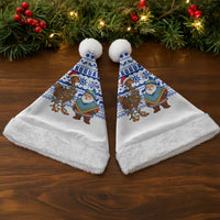 Uruguay Christmas Santa Hat with Santa Claus Rhea Bird Holiday Lights and Blue Geometric Pattern - Wonder Print Shop