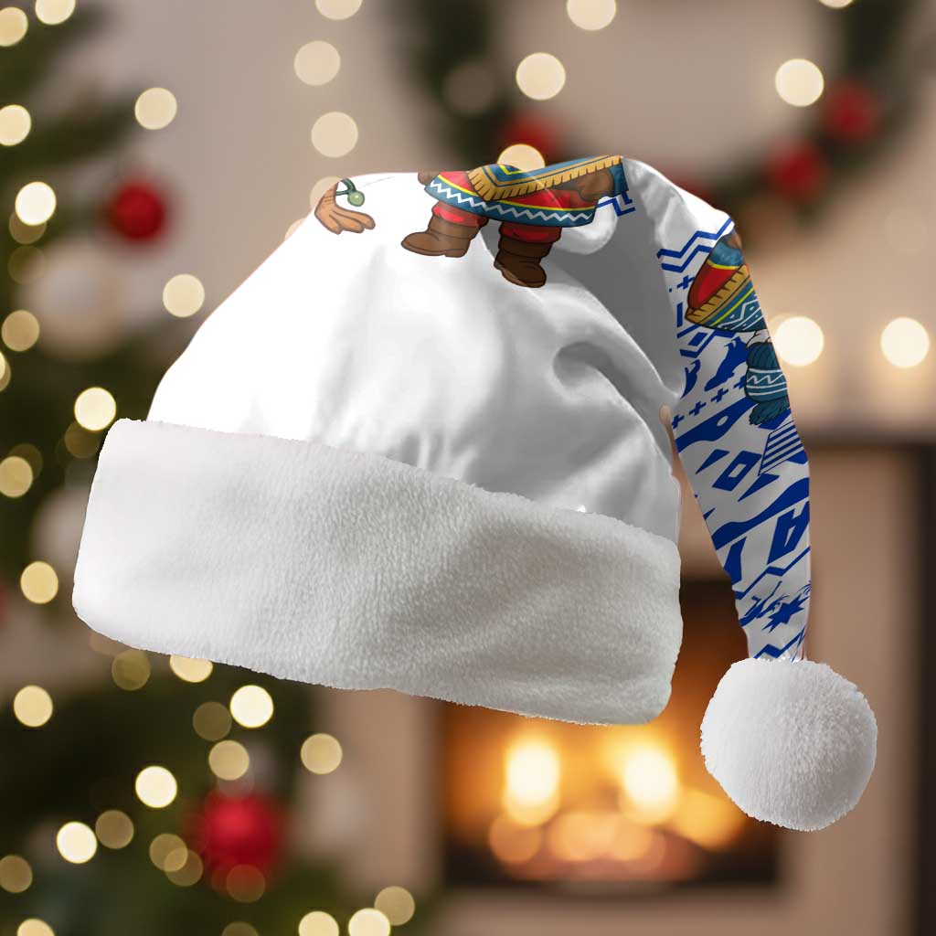 Uruguay Christmas Santa Hat with Santa Claus Rhea Bird Holiday Lights and Blue Geometric Pattern - Wonder Print Shop