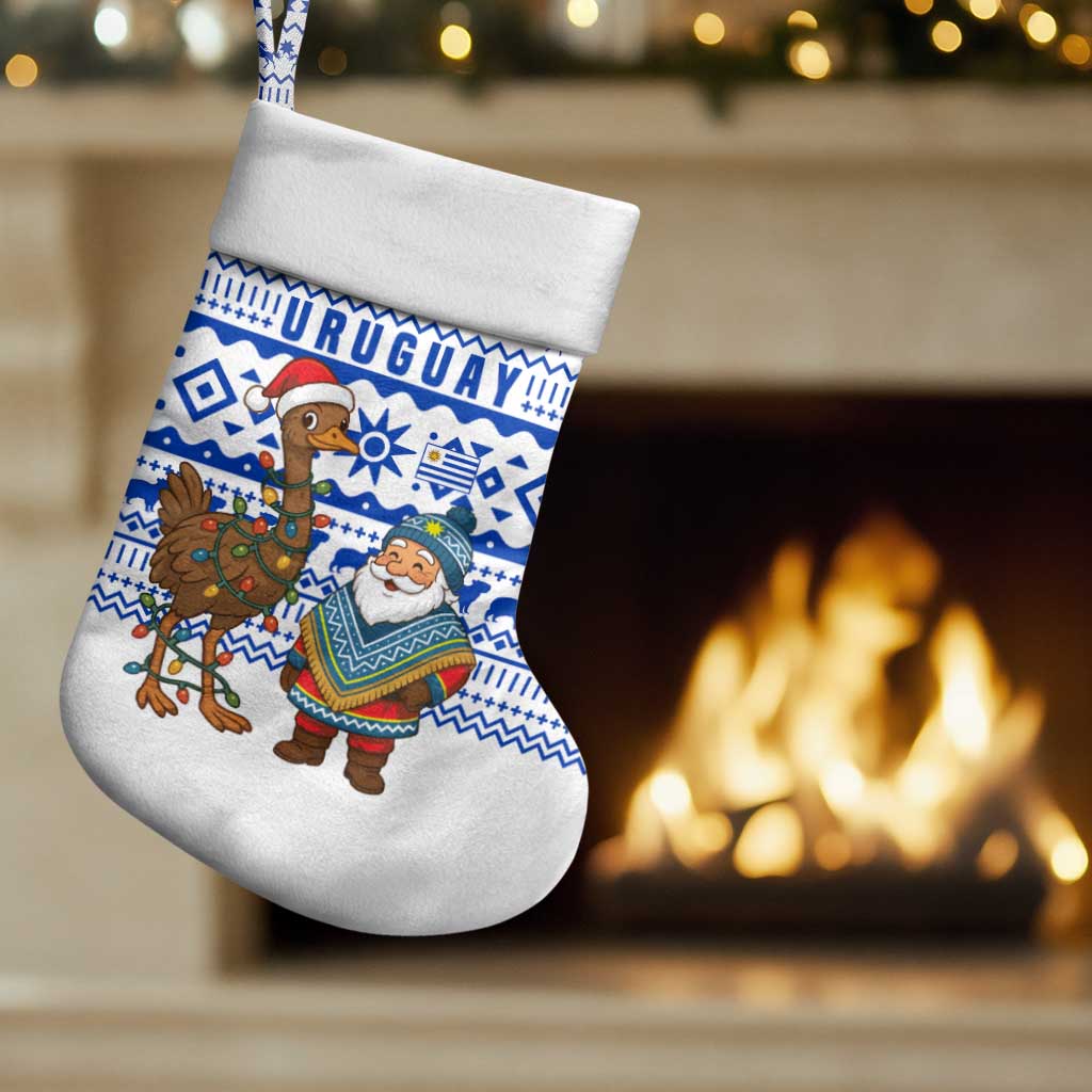 Uruguay Christmas Stocking with Santa Claus Rhea Bird Holiday Lights and Blue Geometric Pattern - Wonder Print Shop