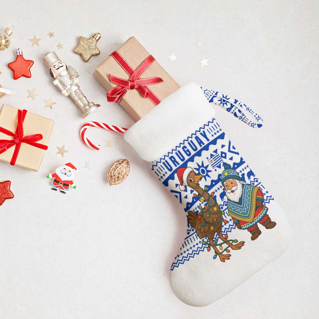 Uruguay Christmas Stocking with Santa Claus Rhea Bird Holiday Lights and Blue Geometric Pattern - Wonder Print Shop