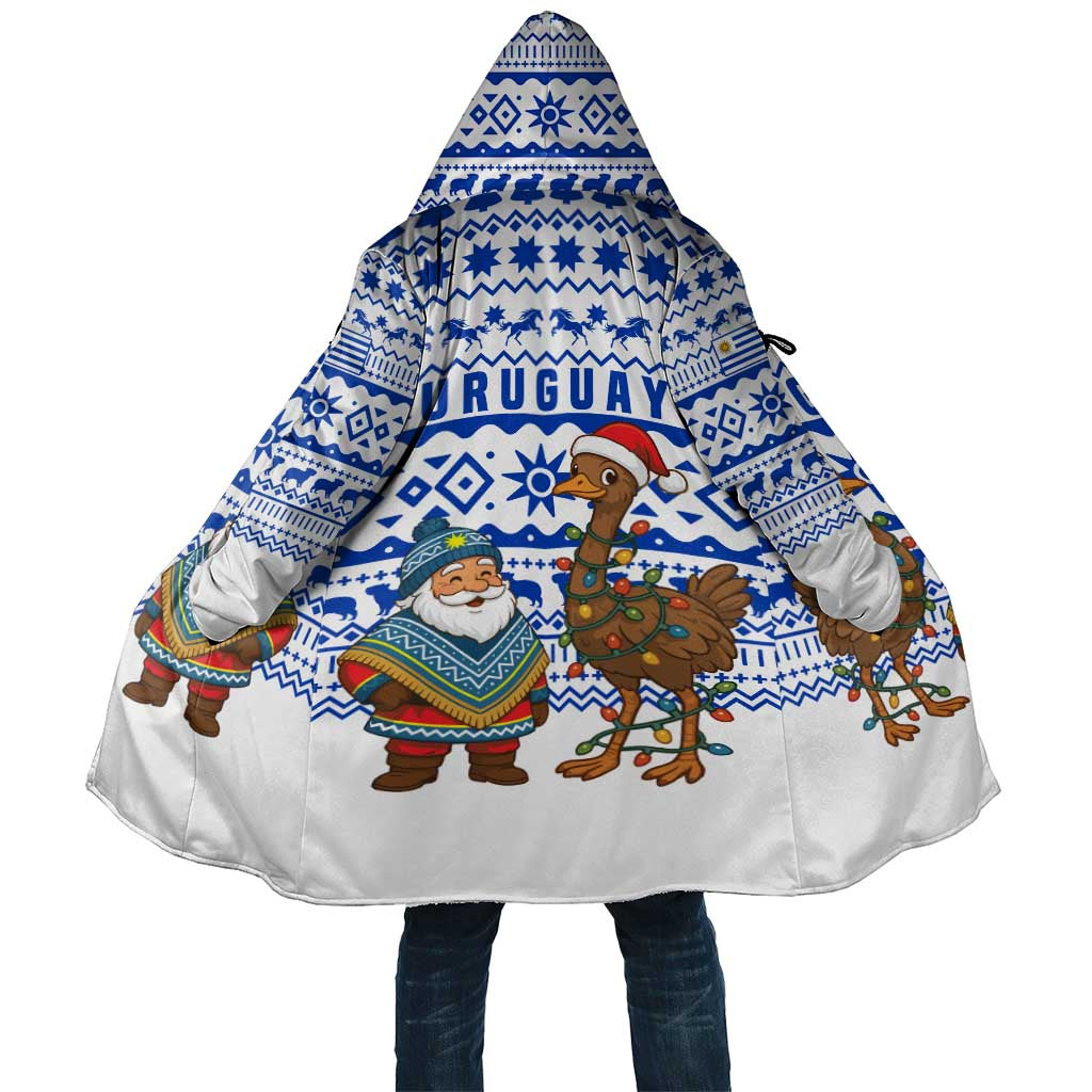 Uruguay Christmas Cloak with Santa Claus Rhea Bird Holiday Lights and Blue Geometric Pattern - Wonder Print Shop