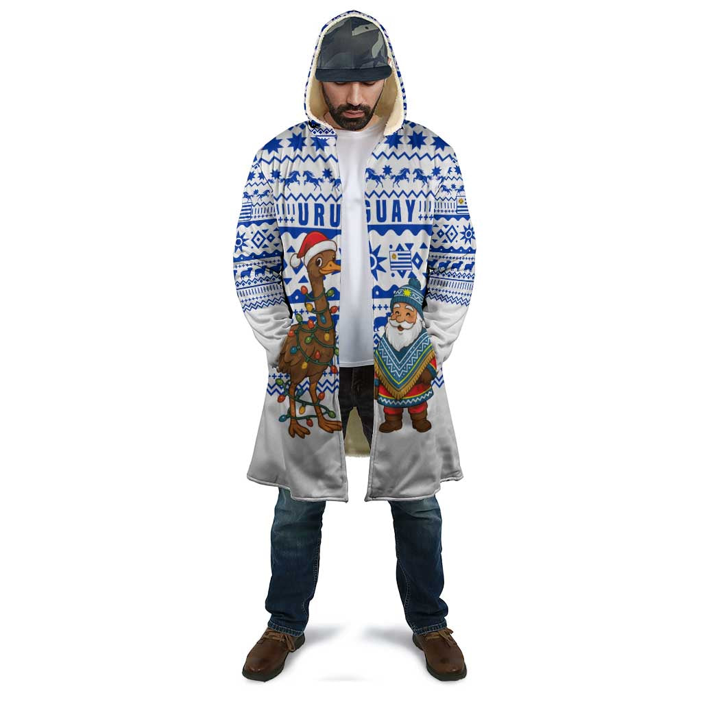 Uruguay Christmas Cloak with Santa Claus Rhea Bird Holiday Lights and Blue Geometric Pattern - Wonder Print Shop
