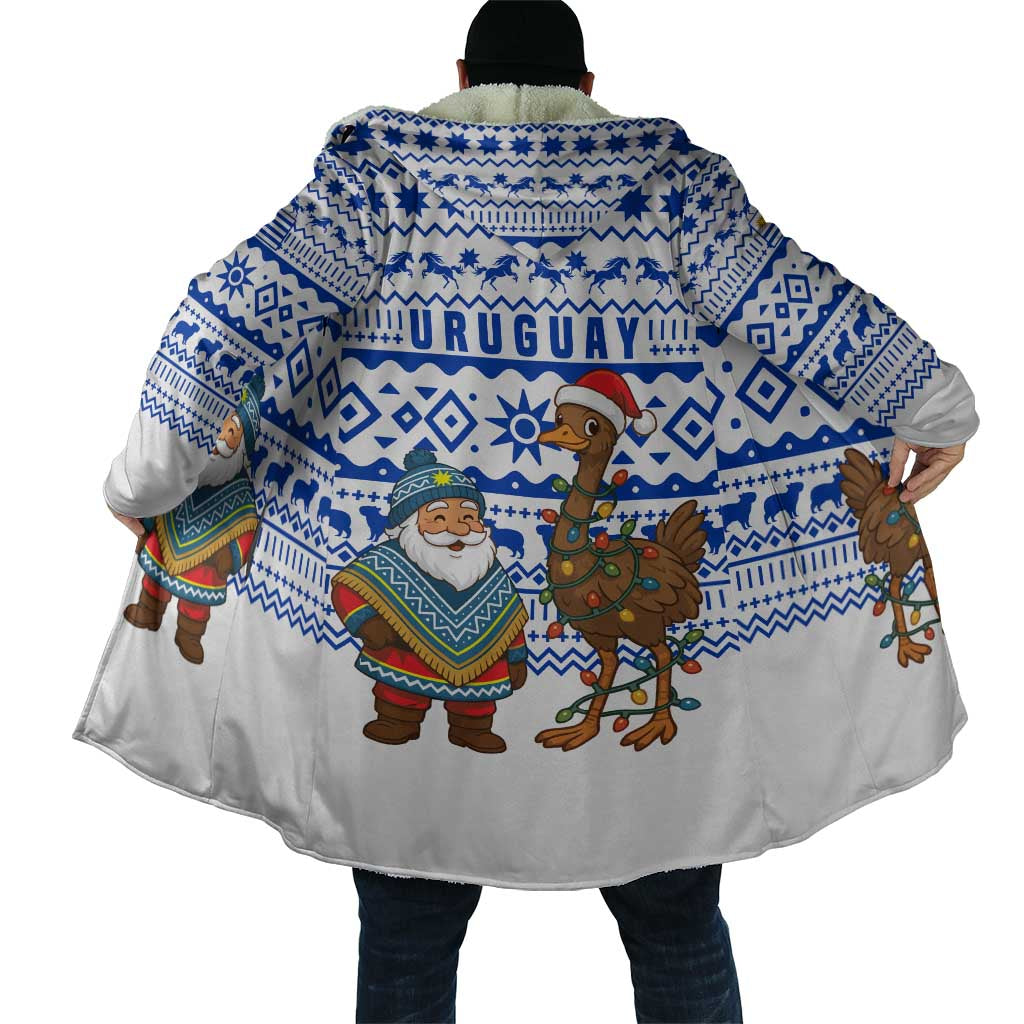 Uruguay Christmas Cloak with Santa Claus Rhea Bird Holiday Lights and Blue Geometric Pattern - Wonder Print Shop