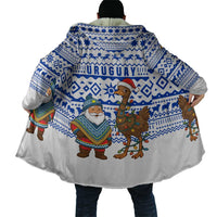 Uruguay Christmas Cloak with Santa Claus Rhea Bird Holiday Lights and Blue Geometric Pattern - Wonder Print Shop
