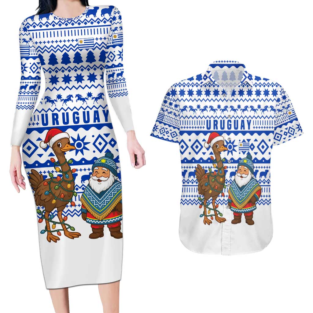 Uruguay Christmas Couples Matching Long Sleeve Bodycon Dress and Hawaiian Shirt with Santa Claus Rhea Bird Holiday Lights and Blue Geometric Pattern - Wonder Print Shop