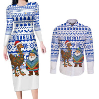 Uruguay Christmas Couples Matching Long Sleeve Bodycon Dress and Long Sleeve Button Shirt with Santa Claus Rhea Bird Holiday Lights and Blue Geometric Pattern - Wonder Print Shop