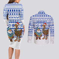 Uruguay Christmas Couples Matching Long Sleeve Bodycon Dress and Long Sleeve Button Shirt with Santa Claus Rhea Bird Holiday Lights and Blue Geometric Pattern - Wonder Print Shop