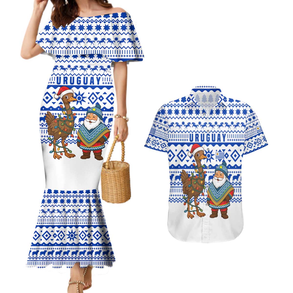 Uruguay Christmas Couples Matching Mermaid Dress and Hawaiian Shirt with Santa Claus Rhea Bird Holiday Lights and Blue Geometric Pattern - Wonder Print Shop