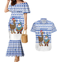 Uruguay Christmas Couples Matching Mermaid Dress and Hawaiian Shirt with Santa Claus Rhea Bird Holiday Lights and Blue Geometric Pattern - Wonder Print Shop