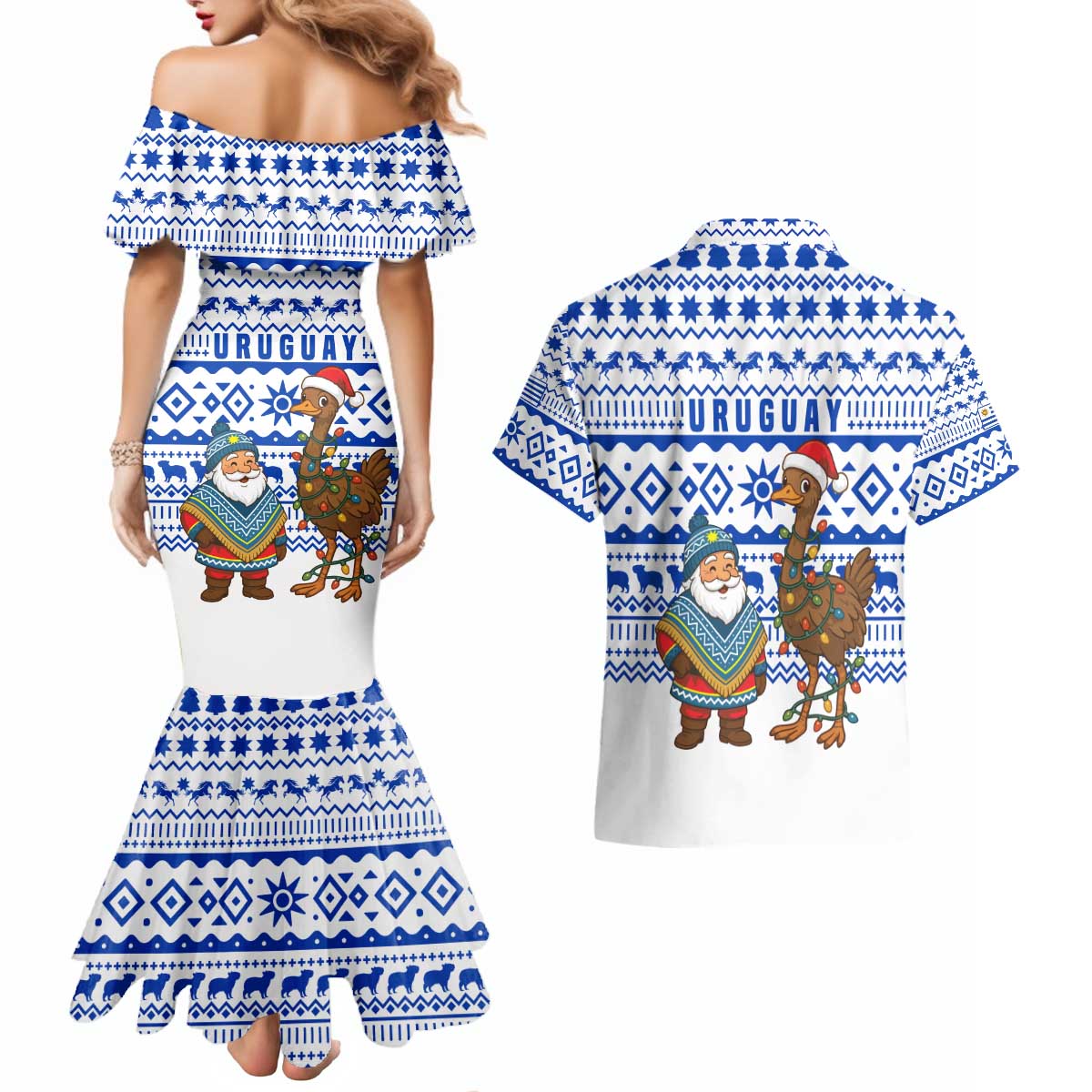 Uruguay Christmas Couples Matching Mermaid Dress and Hawaiian Shirt with Santa Claus Rhea Bird Holiday Lights and Blue Geometric Pattern - Wonder Print Shop