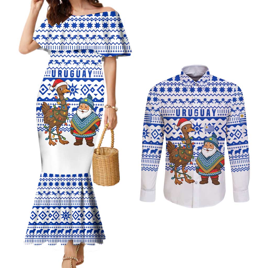 Uruguay Christmas Couples Matching Mermaid Dress and Long Sleeve Button Shirt with Santa Claus Rhea Bird Holiday Lights and Blue Geometric Pattern - Wonder Print Shop