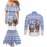 Uruguay Christmas Couples Matching Mermaid Dress and Long Sleeve Button Shirt with Santa Claus Rhea Bird Holiday Lights and Blue Geometric Pattern - Wonder Print Shop