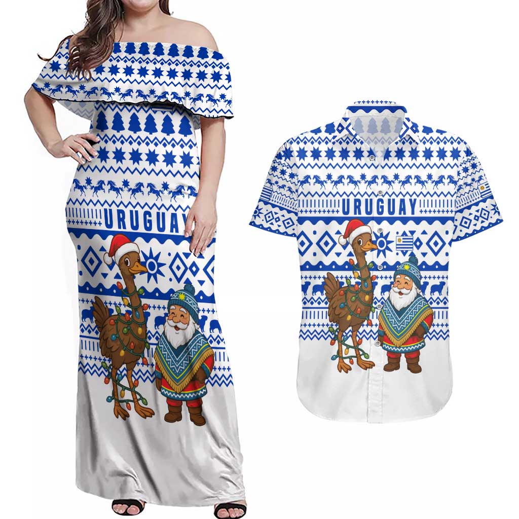 Uruguay Christmas Couples Matching Off Shoulder Maxi Dress and Hawaiian Shirt with Santa Claus Rhea Bird Holiday Lights and Blue Geometric Pattern - Wonder Print Shop