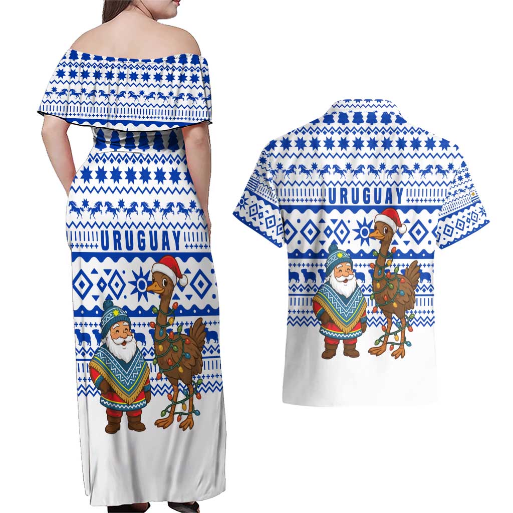 Uruguay Christmas Couples Matching Off Shoulder Maxi Dress and Hawaiian Shirt with Santa Claus Rhea Bird Holiday Lights and Blue Geometric Pattern - Wonder Print Shop