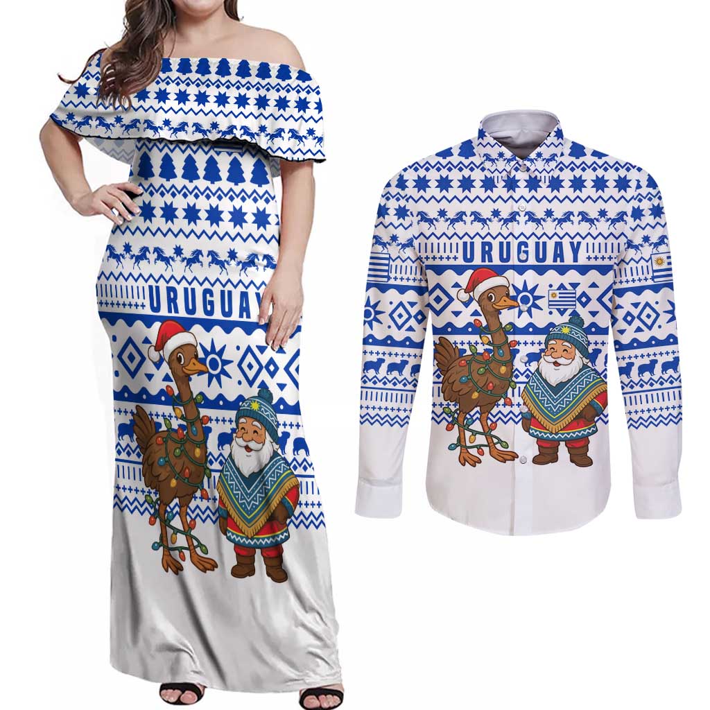 Uruguay Christmas Couples Matching Off Shoulder Maxi Dress and Long Sleeve Button Shirt with Santa Claus Rhea Bird Holiday Lights and Blue Geometric Pattern - Wonder Print Shop