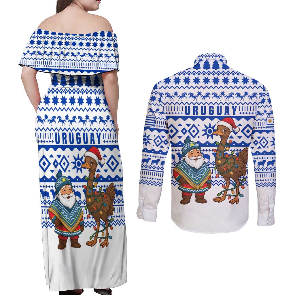 Uruguay Christmas Couples Matching Off Shoulder Maxi Dress and Long Sleeve Button Shirt with Santa Claus Rhea Bird Holiday Lights and Blue Geometric Pattern - Wonder Print Shop