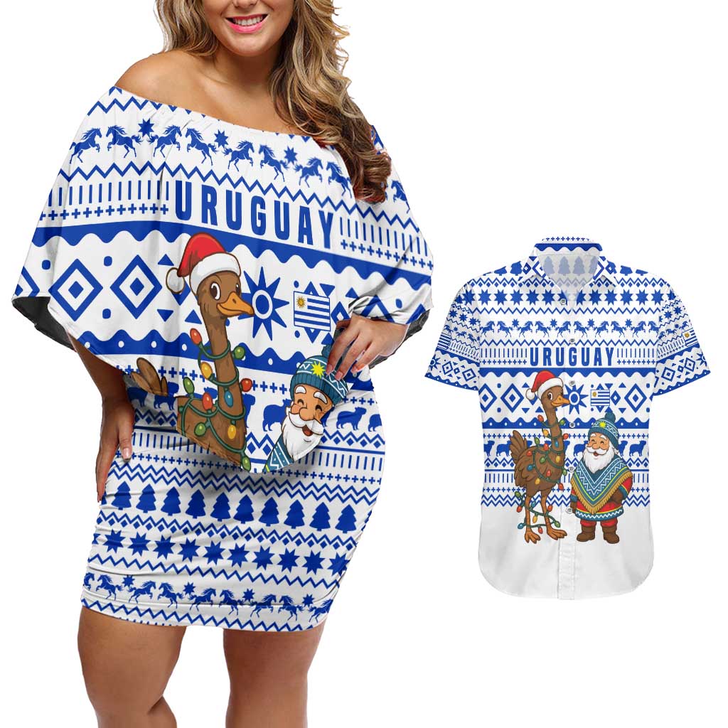 Uruguay Christmas Couples Matching Off Shoulder Short Dress and Hawaiian Shirt with Santa Claus Rhea Bird Holiday Lights and Blue Geometric Pattern - Wonder Print Shop