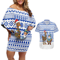 Uruguay Christmas Couples Matching Off Shoulder Short Dress and Hawaiian Shirt with Santa Claus Rhea Bird Holiday Lights and Blue Geometric Pattern - Wonder Print Shop