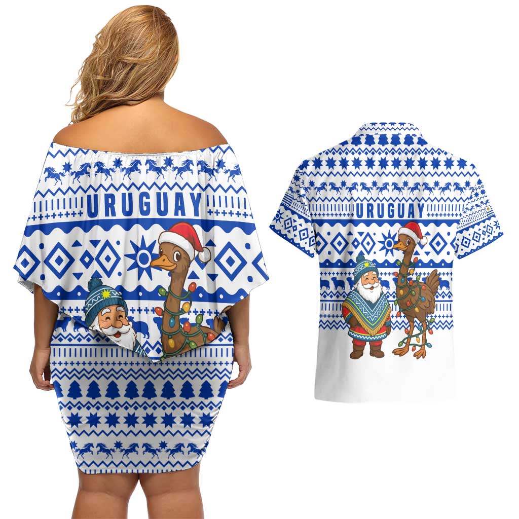 Uruguay Christmas Couples Matching Off Shoulder Short Dress and Hawaiian Shirt with Santa Claus Rhea Bird Holiday Lights and Blue Geometric Pattern - Wonder Print Shop