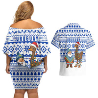 Uruguay Christmas Couples Matching Off Shoulder Short Dress and Hawaiian Shirt with Santa Claus Rhea Bird Holiday Lights and Blue Geometric Pattern - Wonder Print Shop