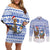 Uruguay Christmas Couples Matching Off Shoulder Short Dress and Long Sleeve Button Shirt with Santa Claus Rhea Bird Holiday Lights and Blue Geometric Pattern - Wonder Print Shop