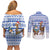 Uruguay Christmas Couples Matching Off Shoulder Short Dress and Long Sleeve Button Shirt with Santa Claus Rhea Bird Holiday Lights and Blue Geometric Pattern - Wonder Print Shop